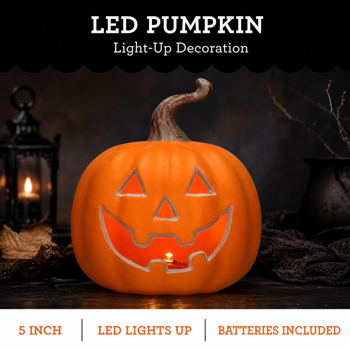 Light-Up Pumpkin Decoration, Orange, 5", Halloween by Way To Celebrate