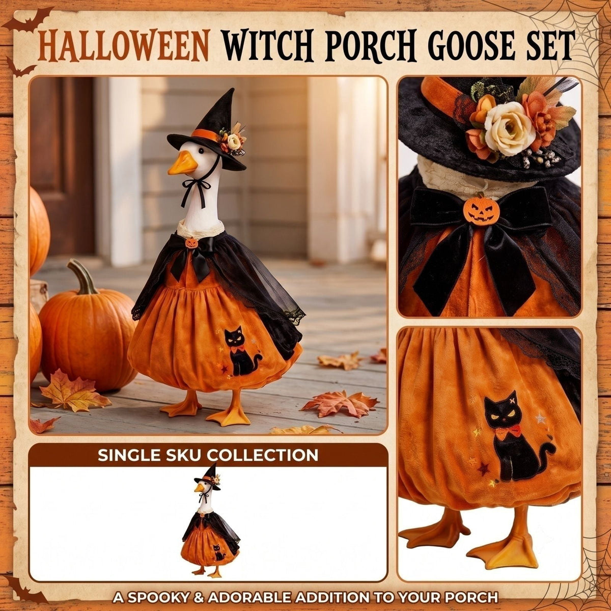 Halloween Garden Porch Decor, Porch Goose Outfits Halloween, 23 Inch Porch Goose Outfits, Witch Dress and Hat Set, Fits 23X11X26 Inch Standing Plush Goose for Front Porch Lawn