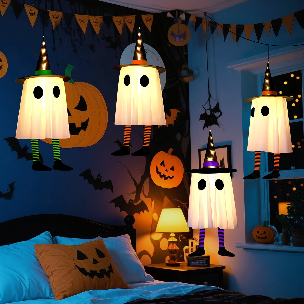 Qoosea 2 pack Hanging Ghosts Halloween Decor 4.26ft Large Glowing LED Ghost Lights Windsock Halloween Decorations Outdoor Indoor, 3 Lighting Modes