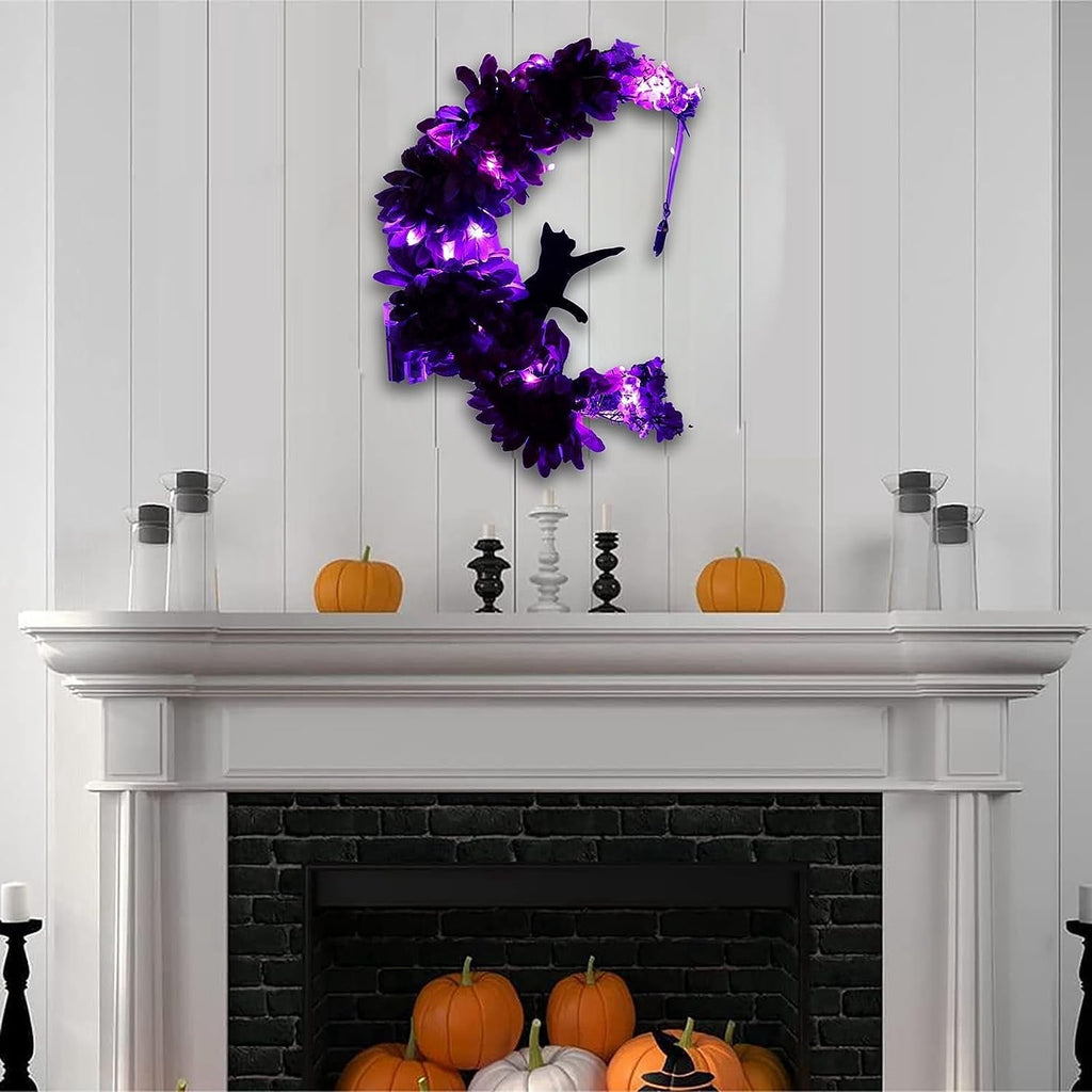Wiher Halloween Wreaths Decor with Lights for Front Door, 13.77" Halloween Moon Wreath with Black Cat Wood Wreath Halloween Wreath Horror Decorations for Home Party Window Wall Indoor Outdoor B