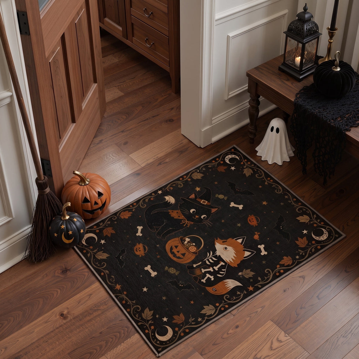GENIMO 5'x7' Halloween Area Rug for Living Room, Washable Non Slip Soft Vintage Pumpkin Indoor Rug for Bedroom Dining Room Home Office, Antique Moss
