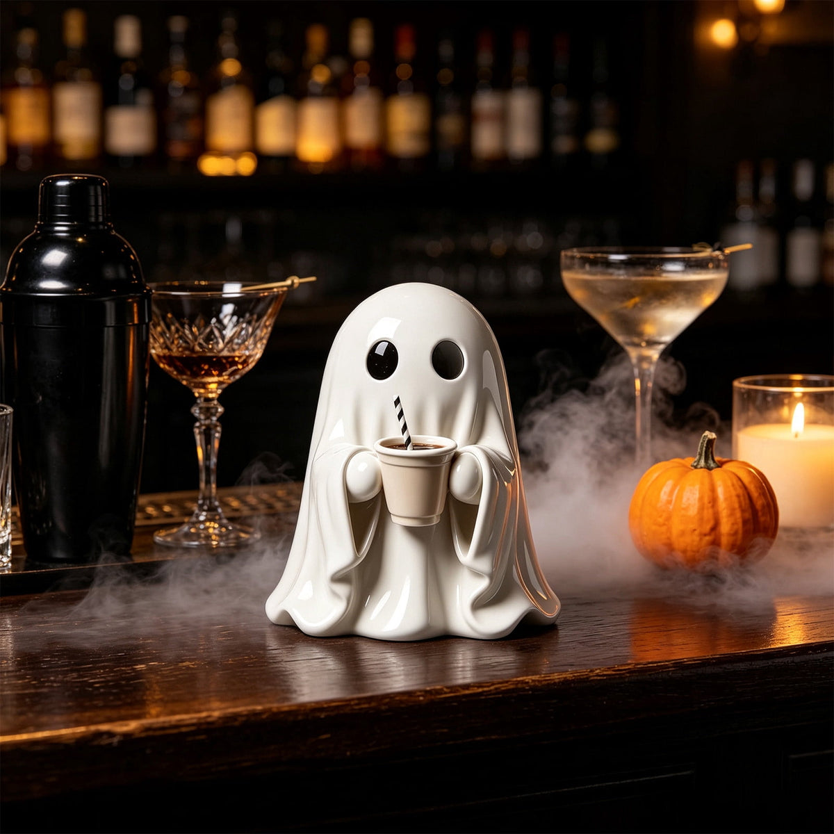 Halloween Ghost Figurine, Ghost Girl with Pink Bow & Hot Drink, Funny Ghost Statue Halloween Decor for Gift, Cute Spooky Tabletop Ornament for Home, Mantle, Desk & Party Decoration