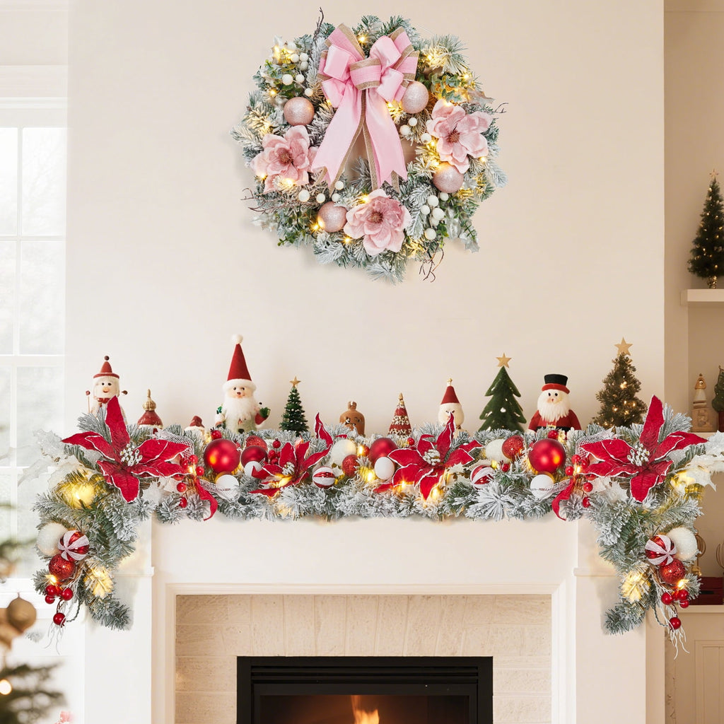 JoanKaren 24 inch Large Christmas Wreath Silver White with 20 LED Lights,Prelit Xmas Wreath w/ Ball Ornaments Pine Cone