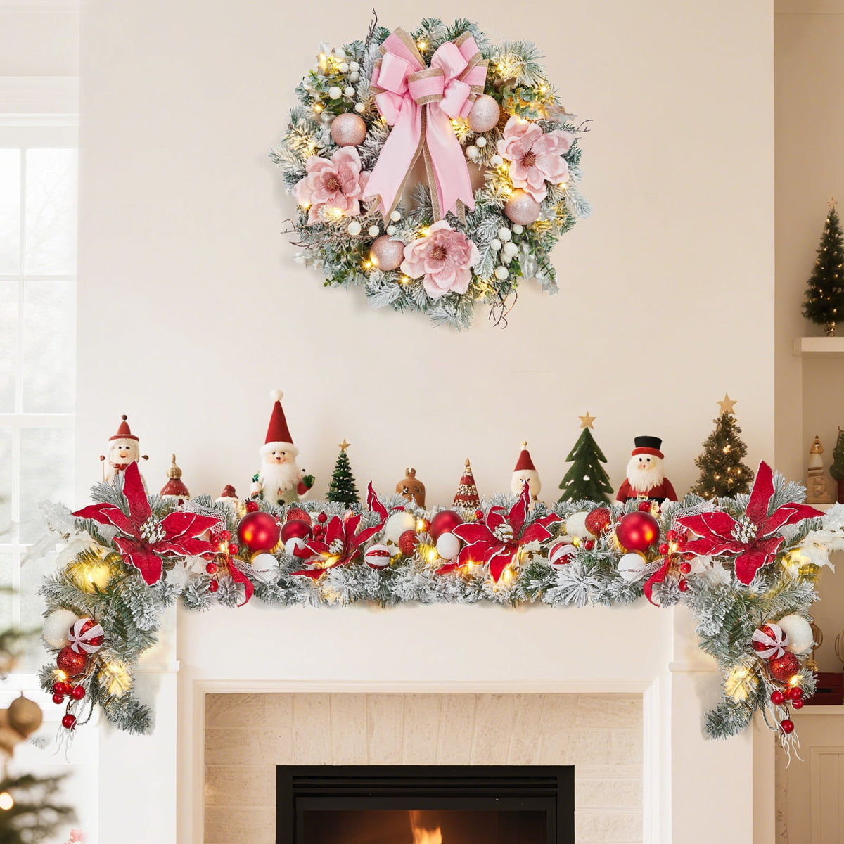 JoanKaren 24 inch Large Christmas Wreath Silver White with 20 LED Lights,Prelit Xmas Wreath w/ Ball Ornaments Pine Cone