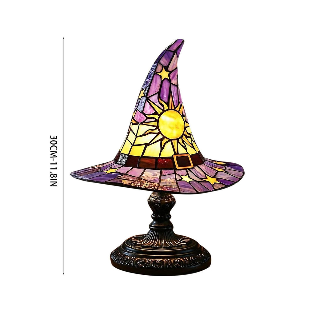 Stained Glass Witch hat lamp, 7" Halloween Gothic Mystic Room Decor Handcrafted Ceramic Phantom Figurine, USB Rechargeable LED Glowing Lantern for Bedroom Living Room Mantel Home Decor