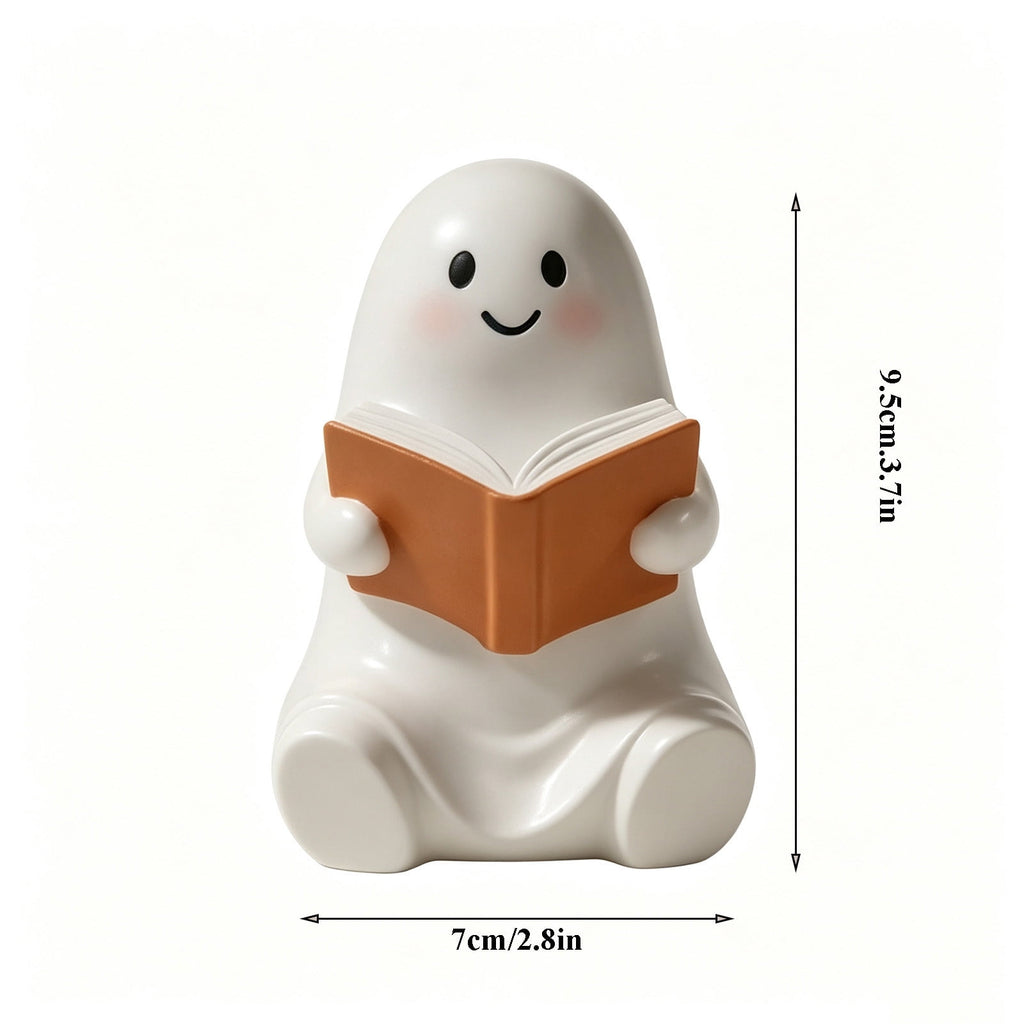 Halloween Ghost Figurine, Ghost Girl with Pink Bow & Hot Drink, Funny Ghost Statue Halloween Decor for Gift, Cute Spooky Tabletop Ornament for Home, Mantle, Desk & Party Decoration