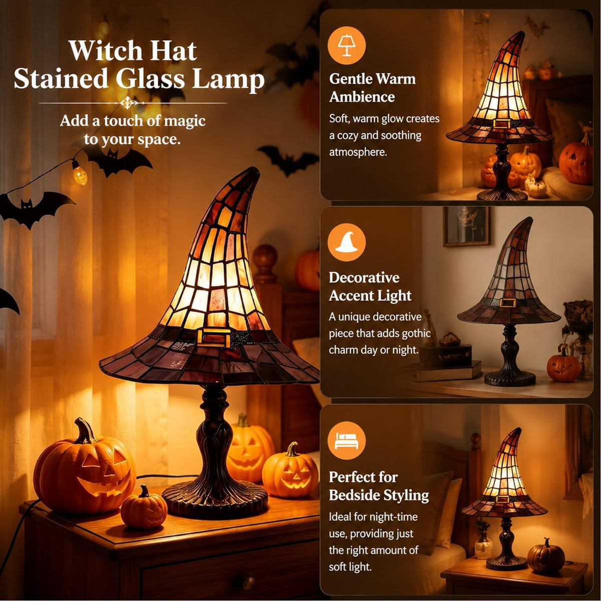 Clearance Witch Hat Lamp, Halloween Nigh Light Handcrafted Retro Resin Witch Hat Light, Usb Powered, Gothic Halloween Decorations for Bedroom