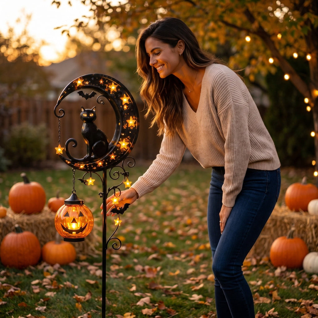 Clearance Halloween Solar Black Cat & Pumpkin Moon Garden Stake Light, Outdoor Waterproof LED Yard Decoration with Crescent Moon, Hanging Jack-o'-Lantern Lantern for Garden, Patio, Walkway, Porch