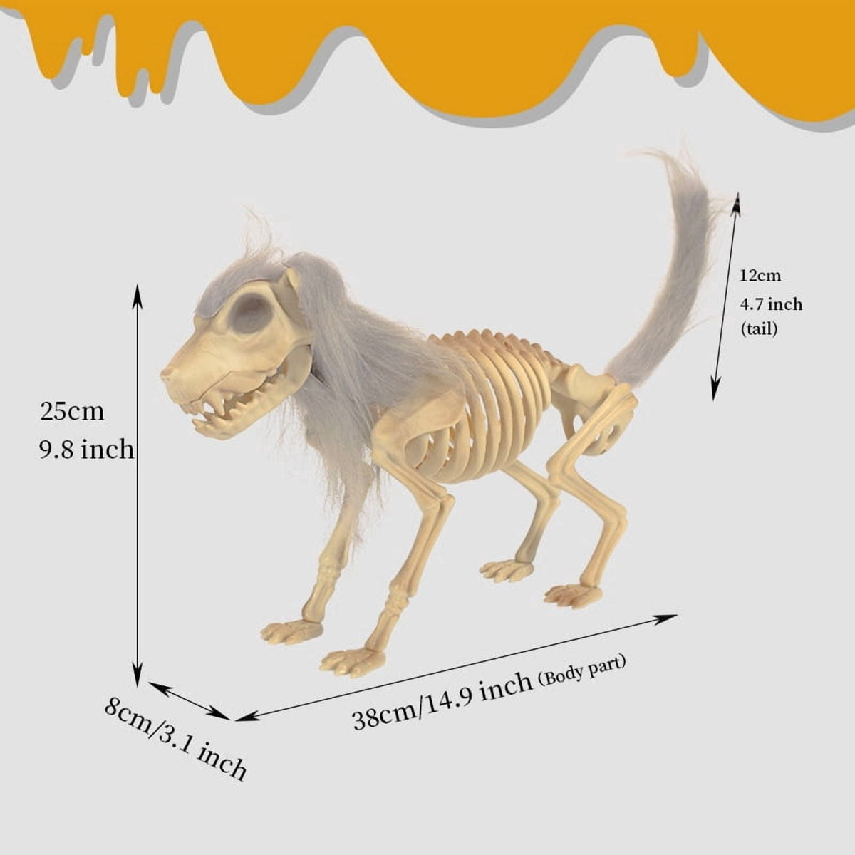 14.9 inches Sitting Skeleton Dog,Plastic Hairy Animal Skeleton Decorations,Gothic Posable Dog Body, Spooky Party Favors,Halloween Full Body Posable Joints Hairy Dog Skeleton Graveyard Party Decor