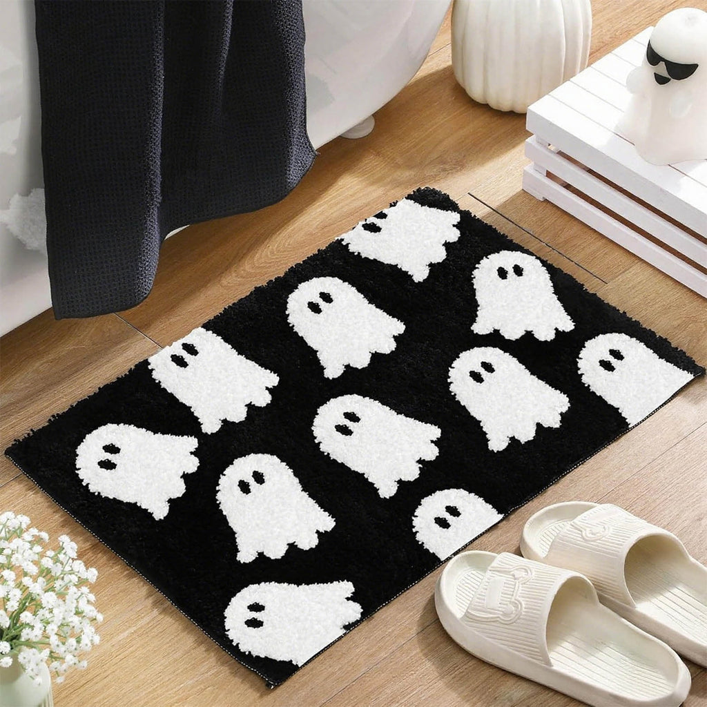 HHBEAUTY Black Ghost Bath Mat Soft Halloween Bathroom Rug Non Slip Cute Spooky Ghost Bathroom Decoration Shaggy Plush Microfiber Rug Halloween Decor for Home Bedroom Shower Floor, 15.75 x 23.62"