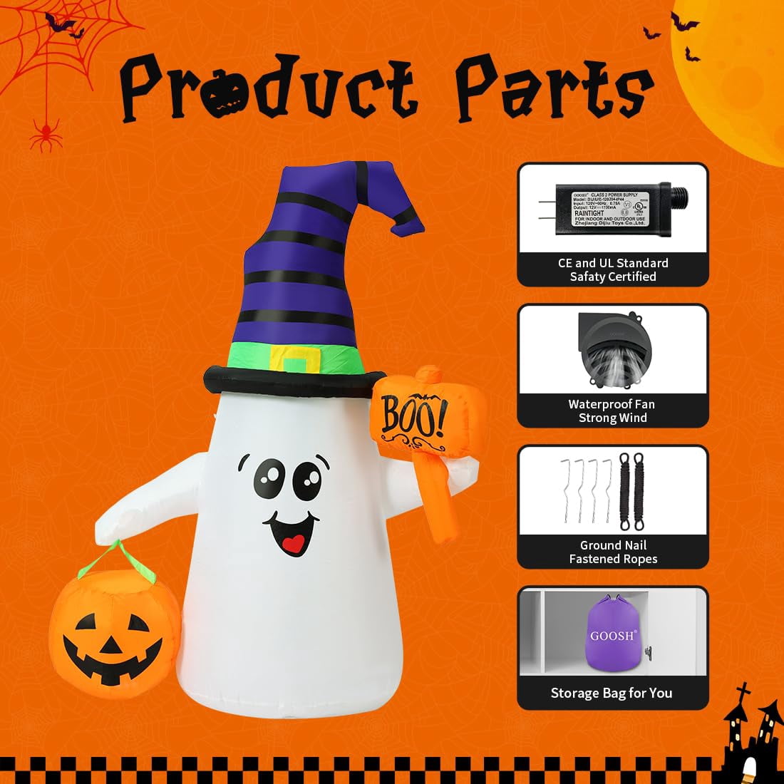 GOOSH Halloween Inflatable 5 FT Blow Up Ghost Inflatable with Pumpkin, Halloween Inflatables Ghost Cute Outdoor Ghost Decorations, Halloween Blow Up Decorations Clearance for Holiday/Garden/Lawn