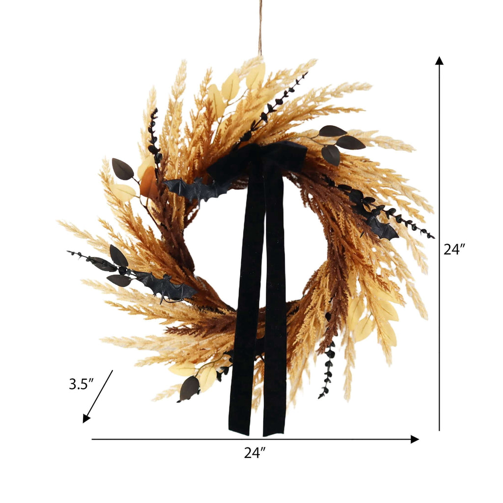 Wheat with Bats Wreath, Yellow and Black, 24", Halloween by Way To Celebrate