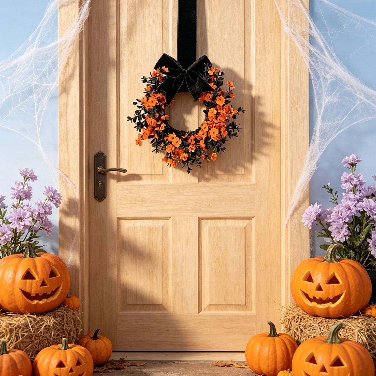 Halloween Star Shaped Bow Wreath for Window Door Display, Autumn Festival Artificial Wreath Decor