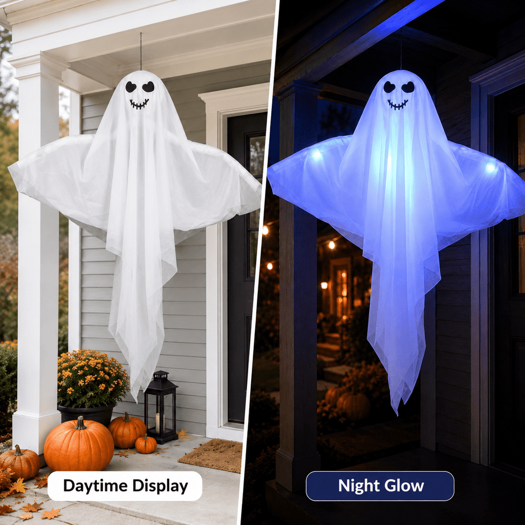 Clearance Light Up Hanging Ghost Decor, White Gauze Ghost Ornament with Blue LED Lights, Halloween Hanging Decoration for Front Door Porch Yard Tree Party Indoor Outdoor