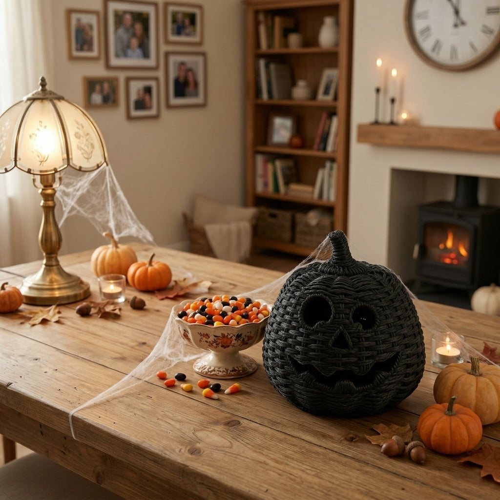 THOPBPRK 2026 Black Halloween Woven Pumpkin Jack-O'-Lantern, Halloween Decorations Pumpkin, USE LED Candle, Rattan Fall Halloween Decor for Home, 1Pack 11.8 Inch A
