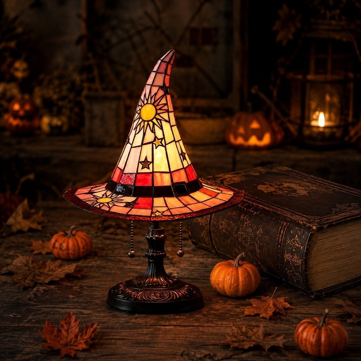 Stained Glass Witch hat lamp, 7" Halloween Gothic Mystic Room Decor Handcrafted Ceramic Phantom Figurine, USB Rechargeable LED Glowing Lantern for Bedroom Living Room Mantel Home Decor