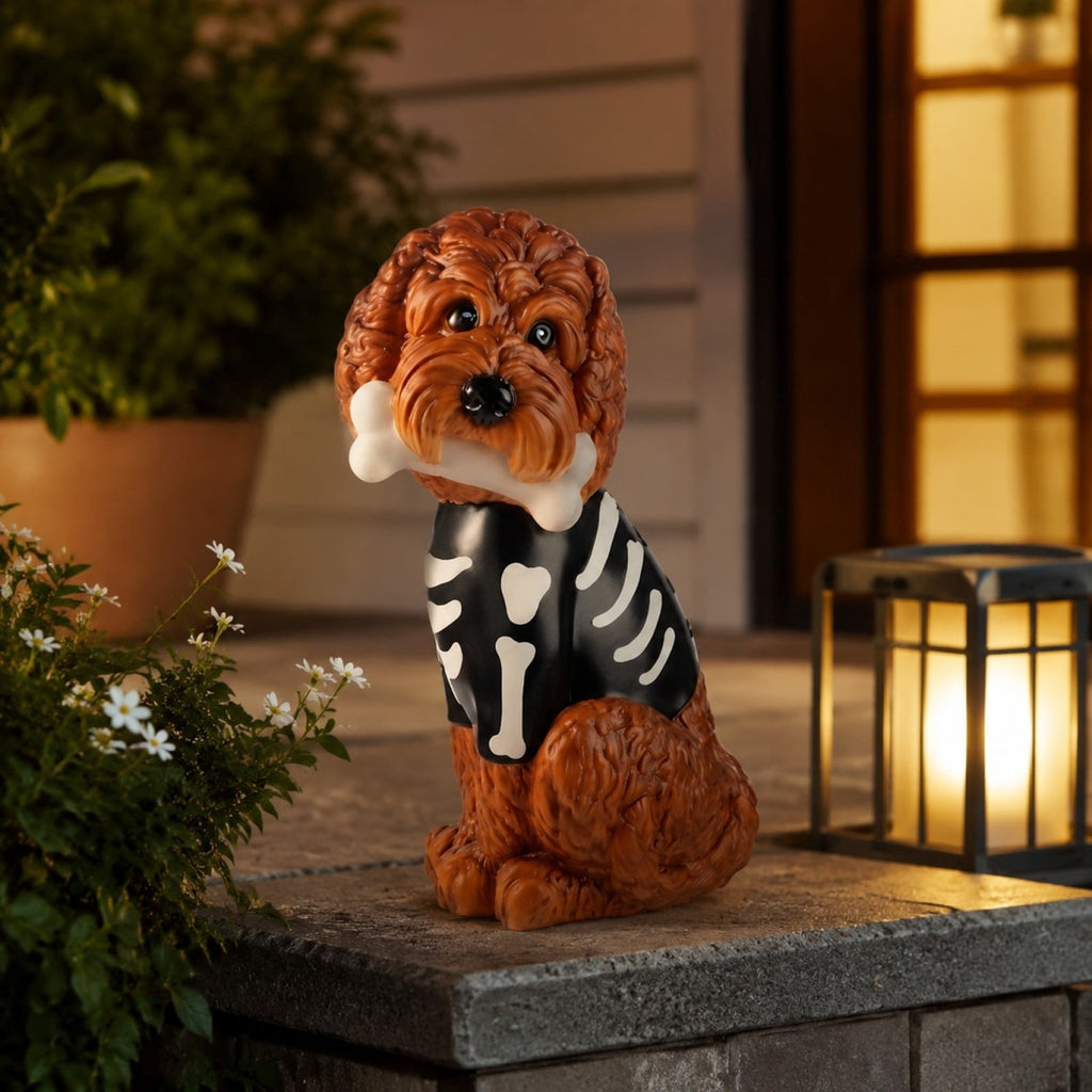 Lighted Skeleton Doodle with Bone Blow Mold, Halloween Resin Curly Brown Puppy Figurine, Spooky Cute Tabletop Decor for Mantel Shelf Home Party, 10"