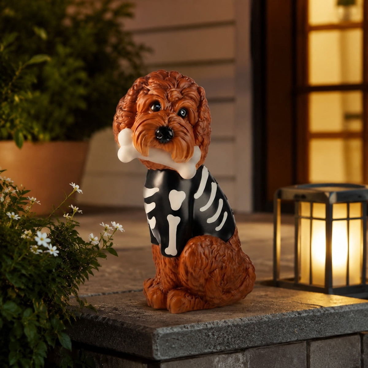 Clearance! Halloween Light‑Up Dog Figurine, 7.9in Scarecrow Dog Statue with Glowing Pumpkin, Waterproof Resin Table Yard Decor