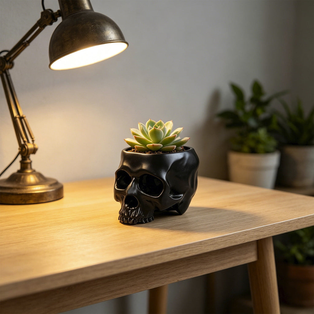 AuroraX Halloween Skeleton Head Plantser Halloween Resin Skull Flower Pot Indoor Spooky Cactus Candy Halloween Desk Decoration Black