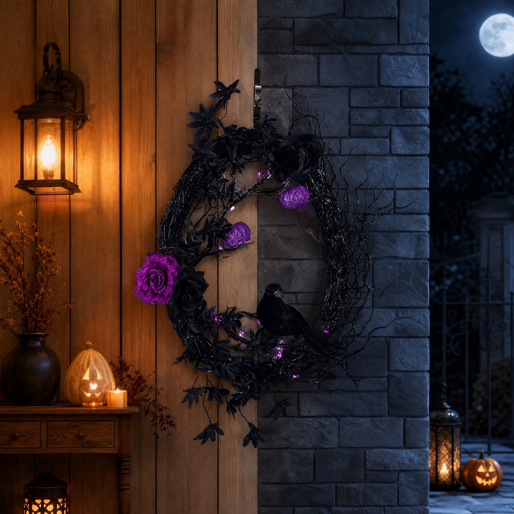 HHJZPR LED Purple Light Black Twig Halloween Wreath, 17.7×13.8in Gothic Oval Door Wreath with Black Crow Purple Glitter Roses Pumpkins, Spooky Front Porch Wall Hanging Decor