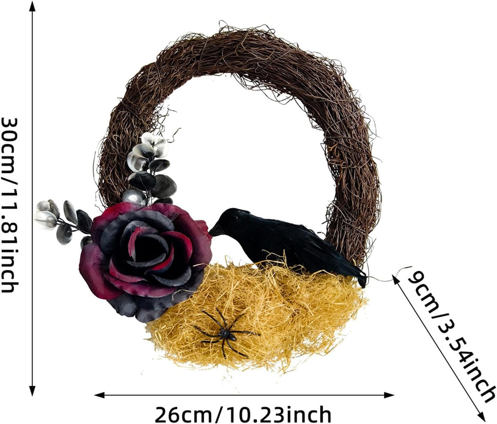 Halloween Wreath, 10 Inch Halloween Garland with Crow Vines, Artificial Dead Branch Wreath with LED Light, Halloween Home Party Decor Sturdy Build, for Porch Window Wall Decor