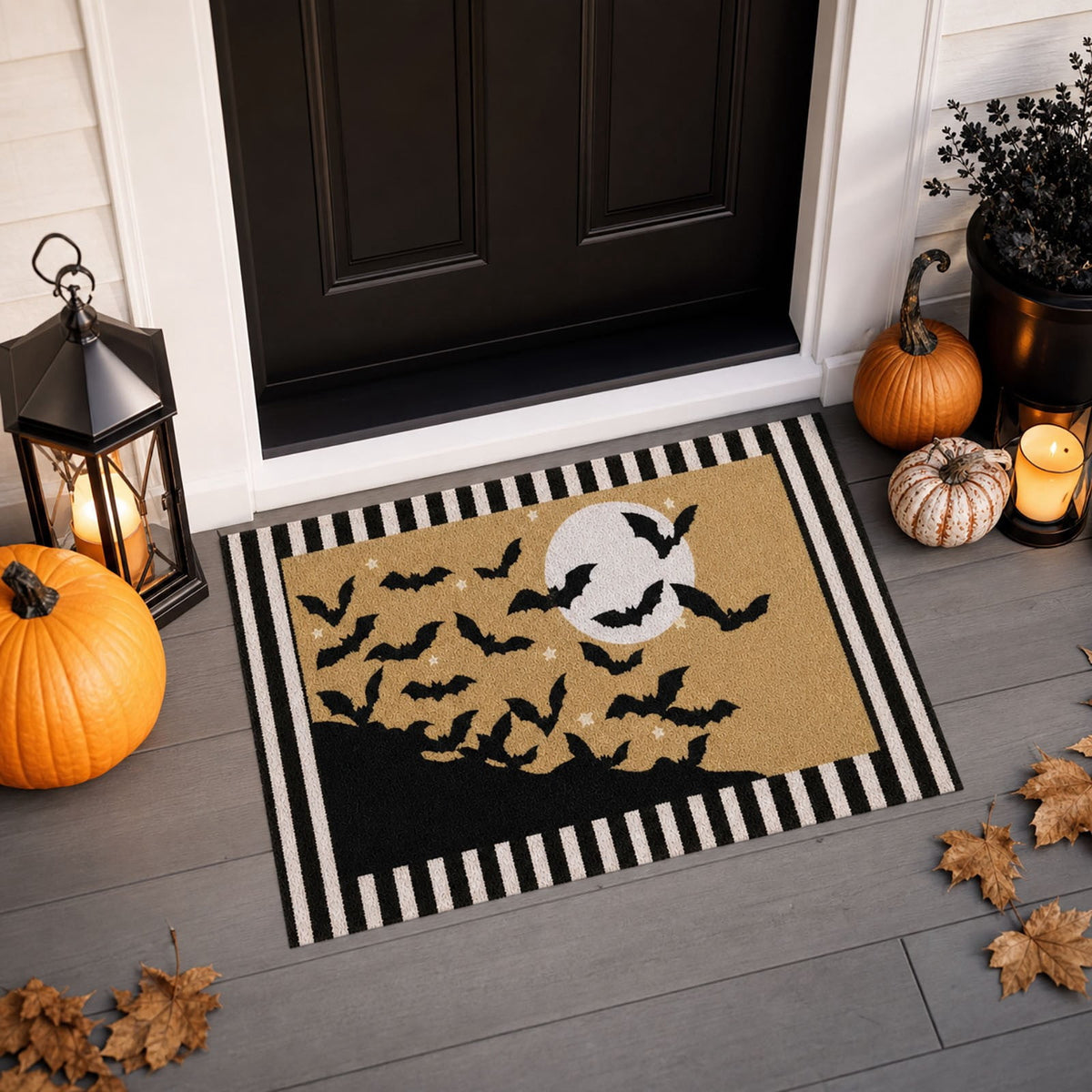 Dpityserensio Halloween Doormat Black Bat and Moon with Striped Border Non-Slip Washable Indoor Outdoor Rug, Vintage Fall Decor