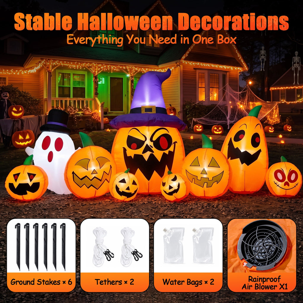 GVDV 8FT Halloween Inflatables Pumpkin Decorations with Witch Hat & Build-in LEDs, Halloween Blow Ups Indoor/Outdoor Decor for Party, Yard, Lawn