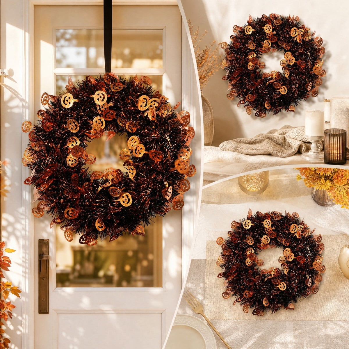 sruoe Halloween Glitter Foil Pumpkin Tinsel Wreath, Halloween Decorations Indoor, Sparkling Front Door Decor for Porch, Party Background, Wall Arrangement