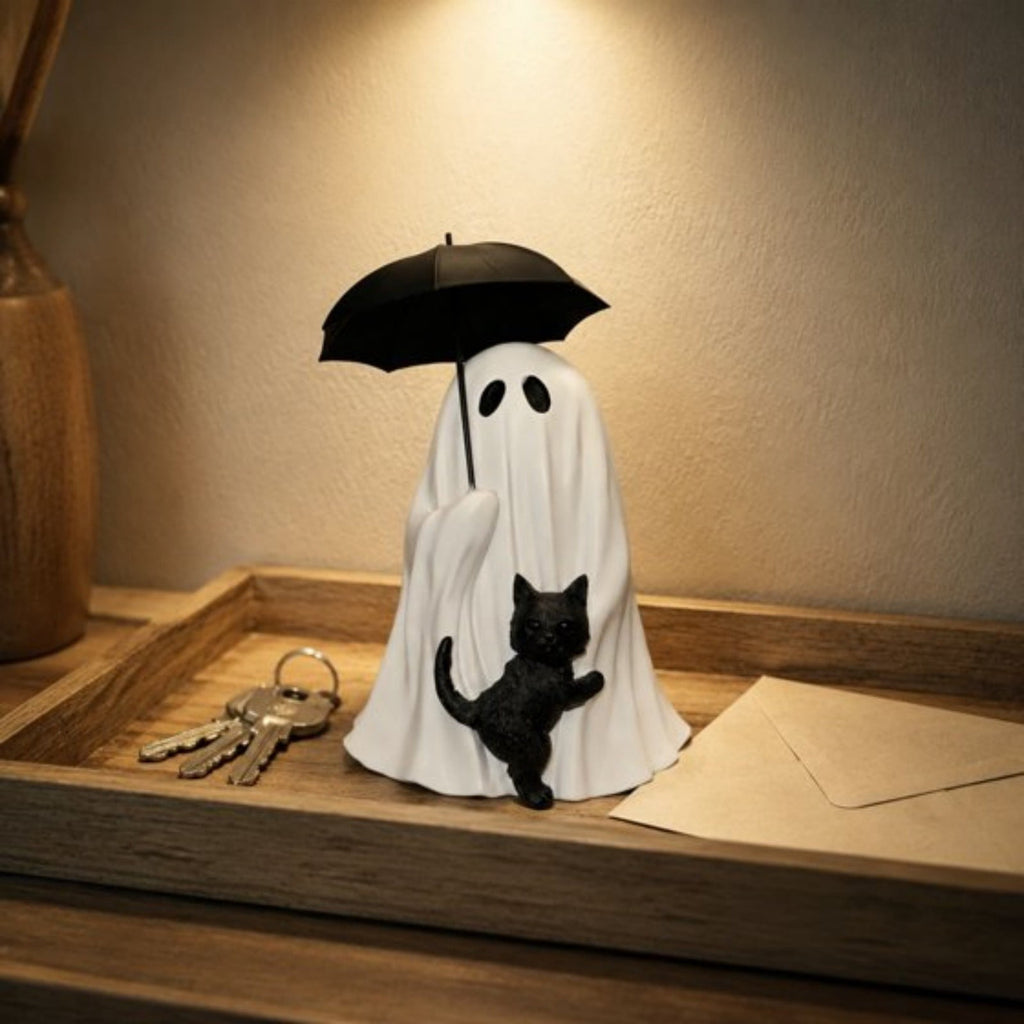 Halloween Ghost Figurine, Ghost Girl with Pink Bow & Hot Drink, Funny Ghost Statue Halloween Decor for Gift, Cute Spooky Tabletop Ornament for Home, Mantle, Desk & Party Decoration