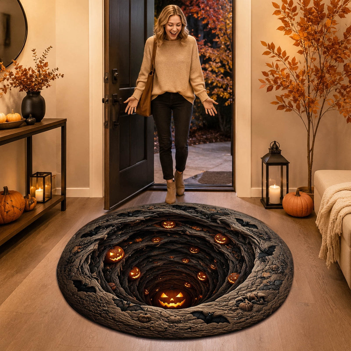 Win s Way 3D Illusion Round Halloween Rug Optical Illusion Doormat Non- Washable Entryway Decor Spooky Fall Front Door Mat for Party Decoration Available in 15.8/23.6/31.5 Inch