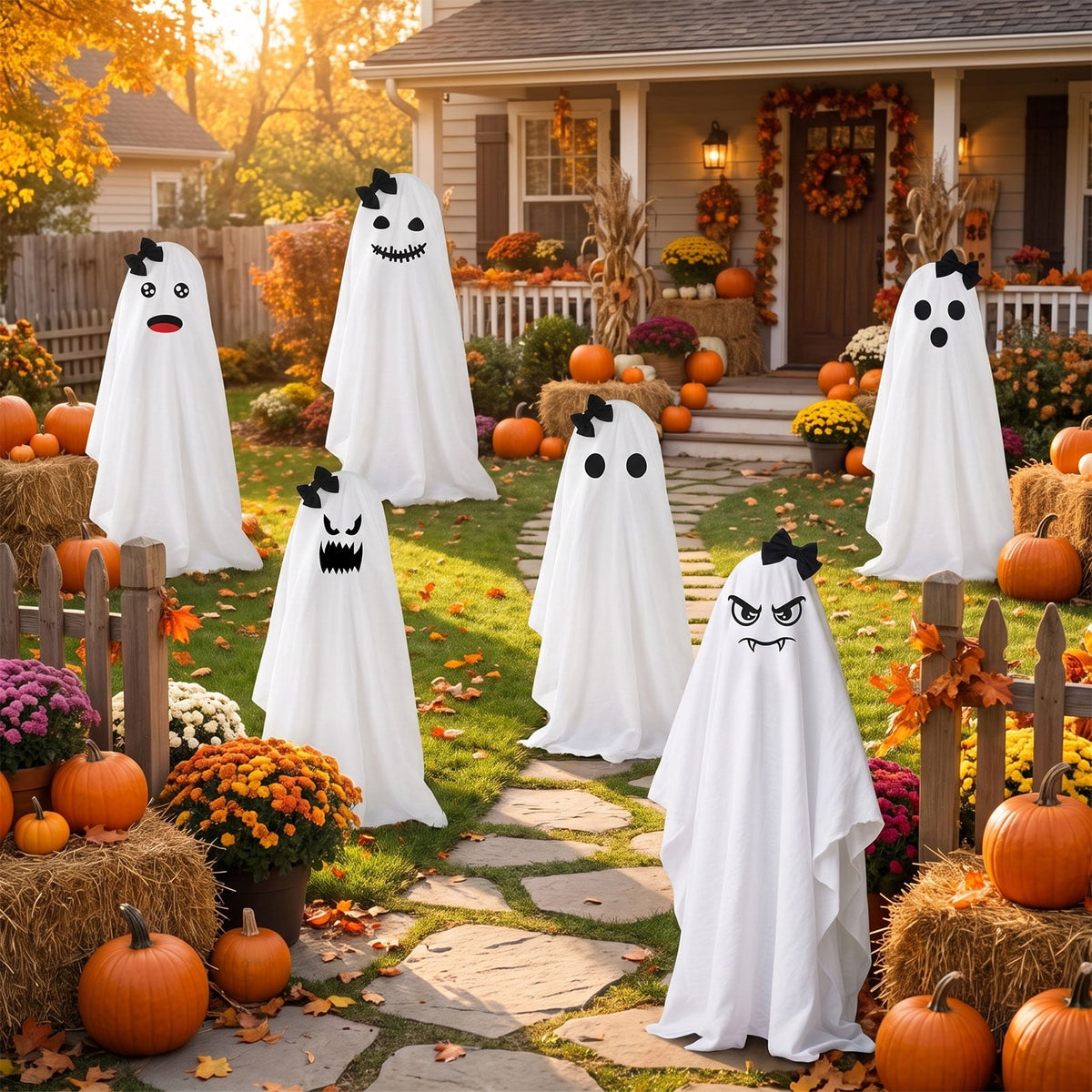 Tumao Halloween Decorations Outdoor, Light Up Spooky Ghosts Decoration, Cute Halloween Decorations Indoor, DIY Ghost Kit Decor with Emoji Stickers Witch Hat for Party, Yards, Porch, Gardens