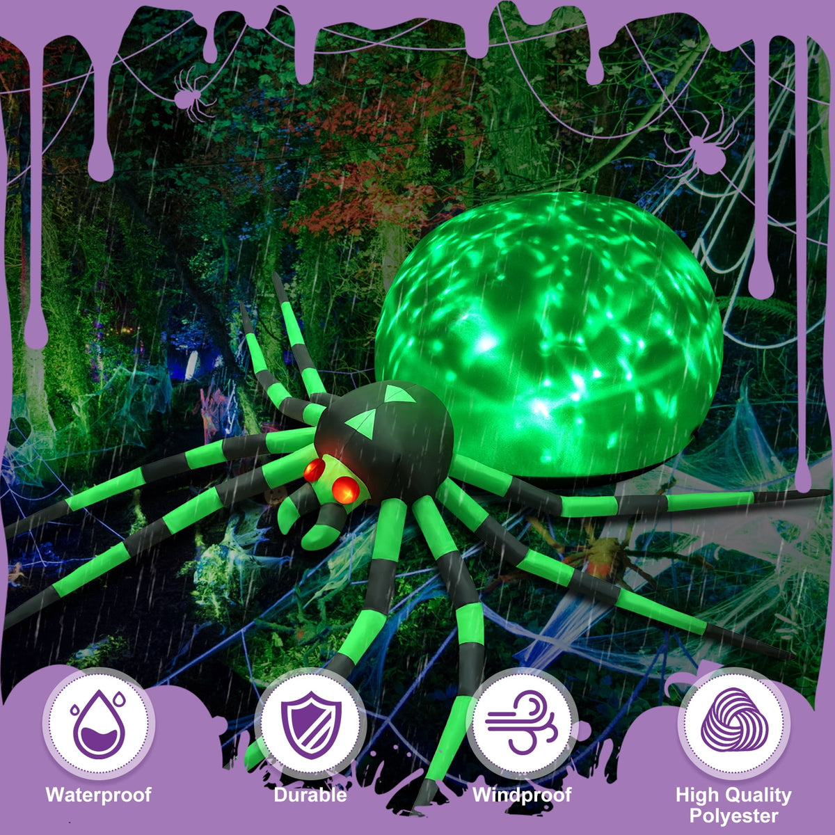 Yexmas 8FT Halloween Inflatables Outdoor Decorations Giant Spider Decorations with LED Lights and Air Pump Blow up Inflatable Green