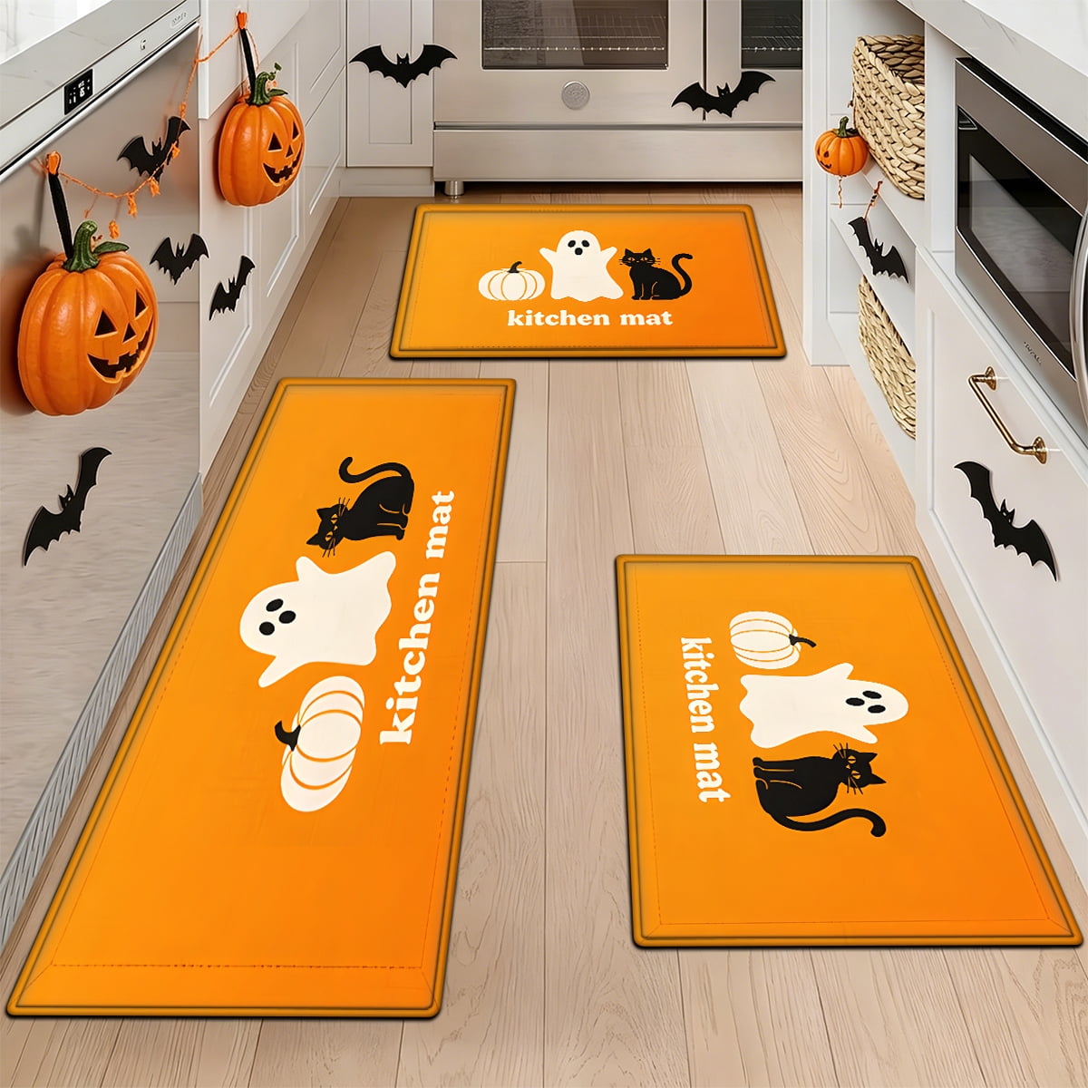 YIMEIS Halloween Orange Ghost Pumpkin Black Cat 1Pc Flannel Mat & Kitchen Rugs,Soft Non-slip,16''×24'' Inches,for Entryway Bathroom