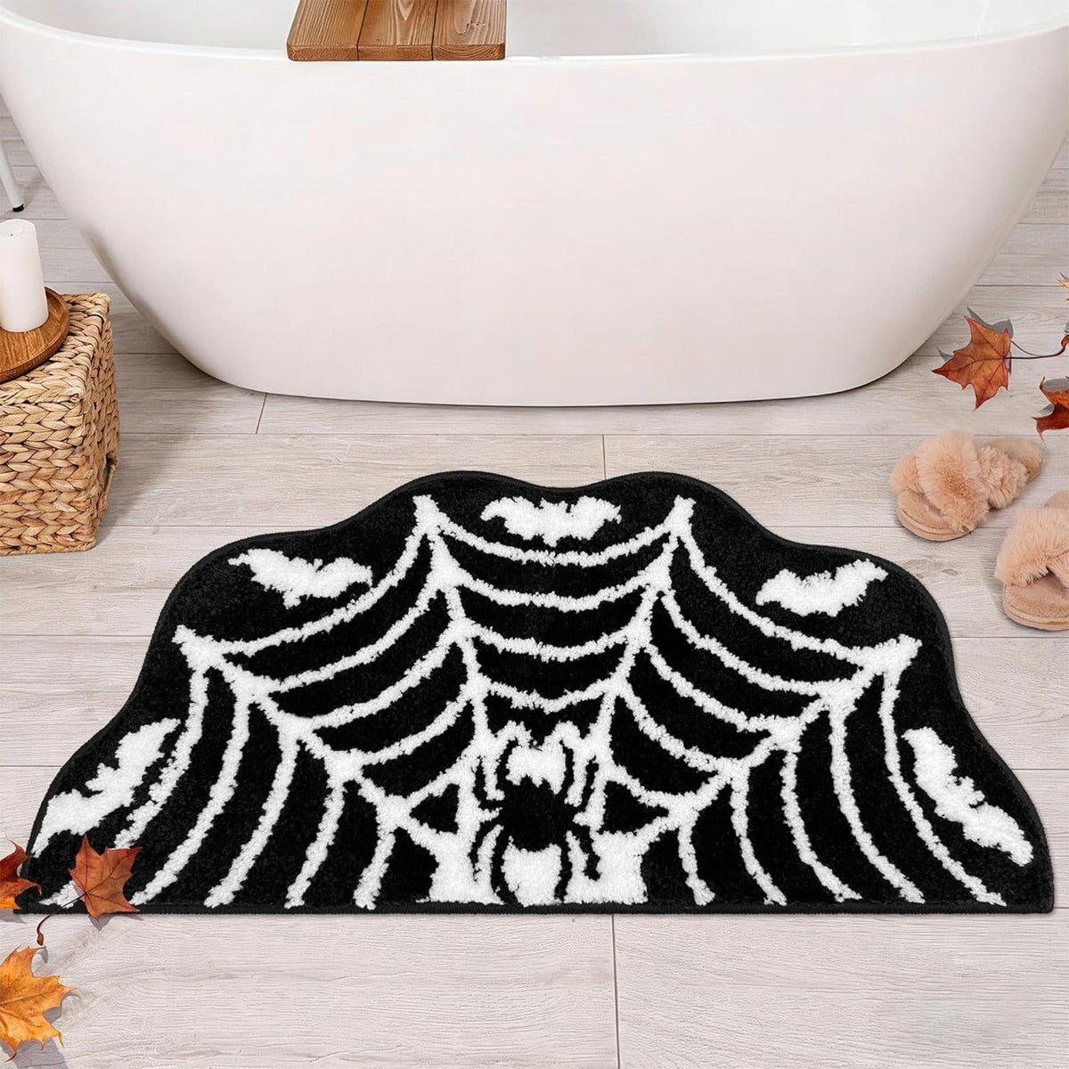 Taotanxi Spider Web Bath Mat, Halloween Bathroom Rug 15x23 Inches, Halloween Rugs Bathroom Decor, Black Gothic Bath Mat, Ultra Soft Great Absorbency