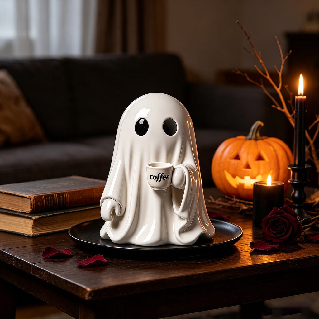 Halloween Ghost Figurine, Ghost Girl with Pink Bow & Hot Drink, Funny Ghost Statue Halloween Decor for Gift, Cute Spooky Tabletop Ornament for Home, Mantle, Desk & Party Decoration