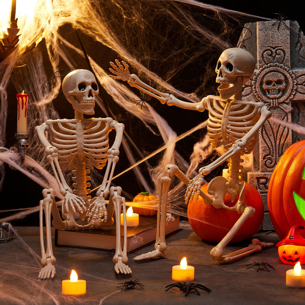 Joyfy 2 Pcs 24 Inch Halloween Skeleton Decor,2 FT Posable Skeleton Halloween Prop for Haunted House Indoor Outdoor Decoration Spooky Decor,Full Body with Movable Joints for Halloween Decoration