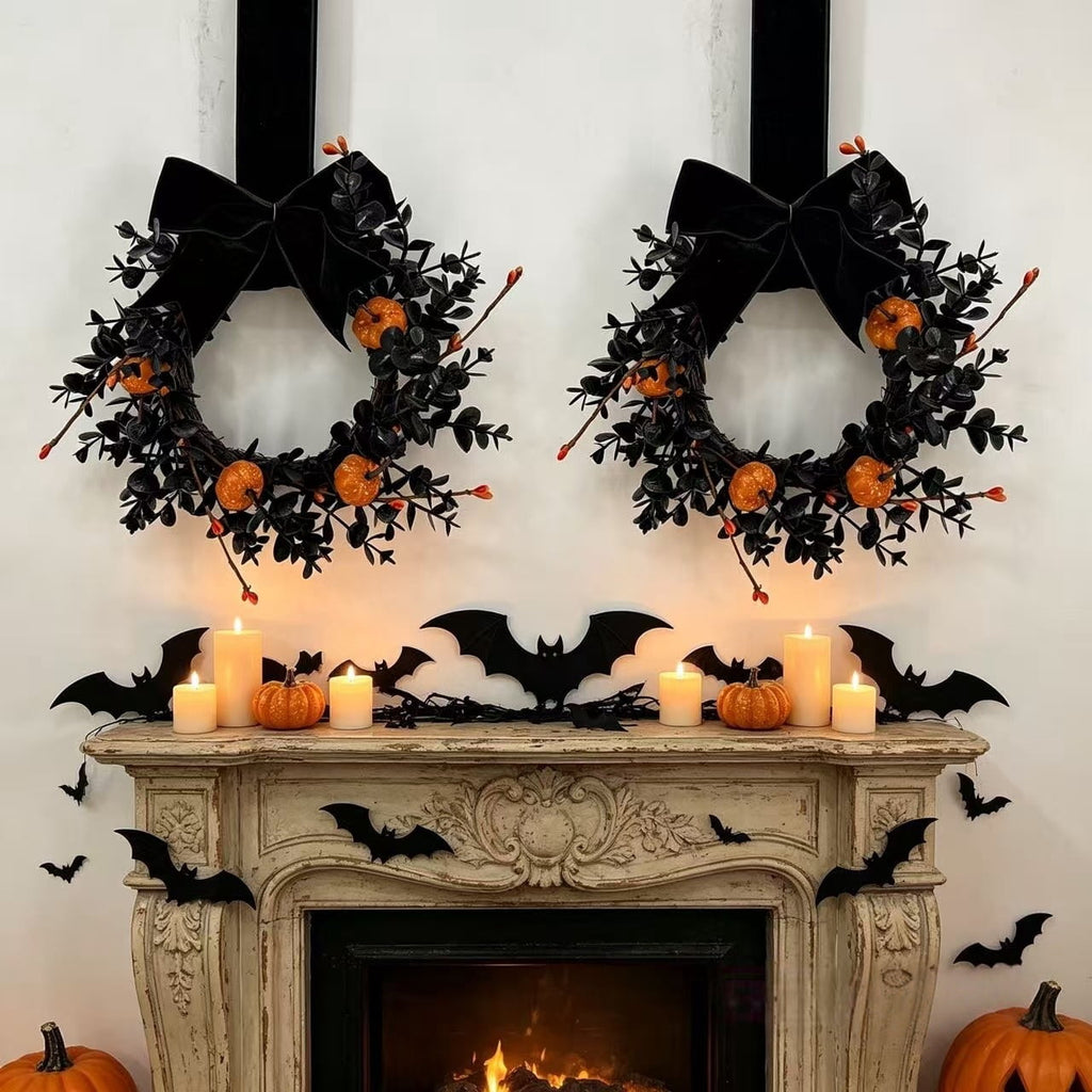 XEAZON 1/2/4 Pcs Halloween Wreaths 9" Artificial Hallowee Wall Cabinet Decor Mini Wreath with Pumpkin and Velvet Bow, Gothic Kitchen Cabinet Wreaths for Front Door Cabinets Window Wall Holiday Decor