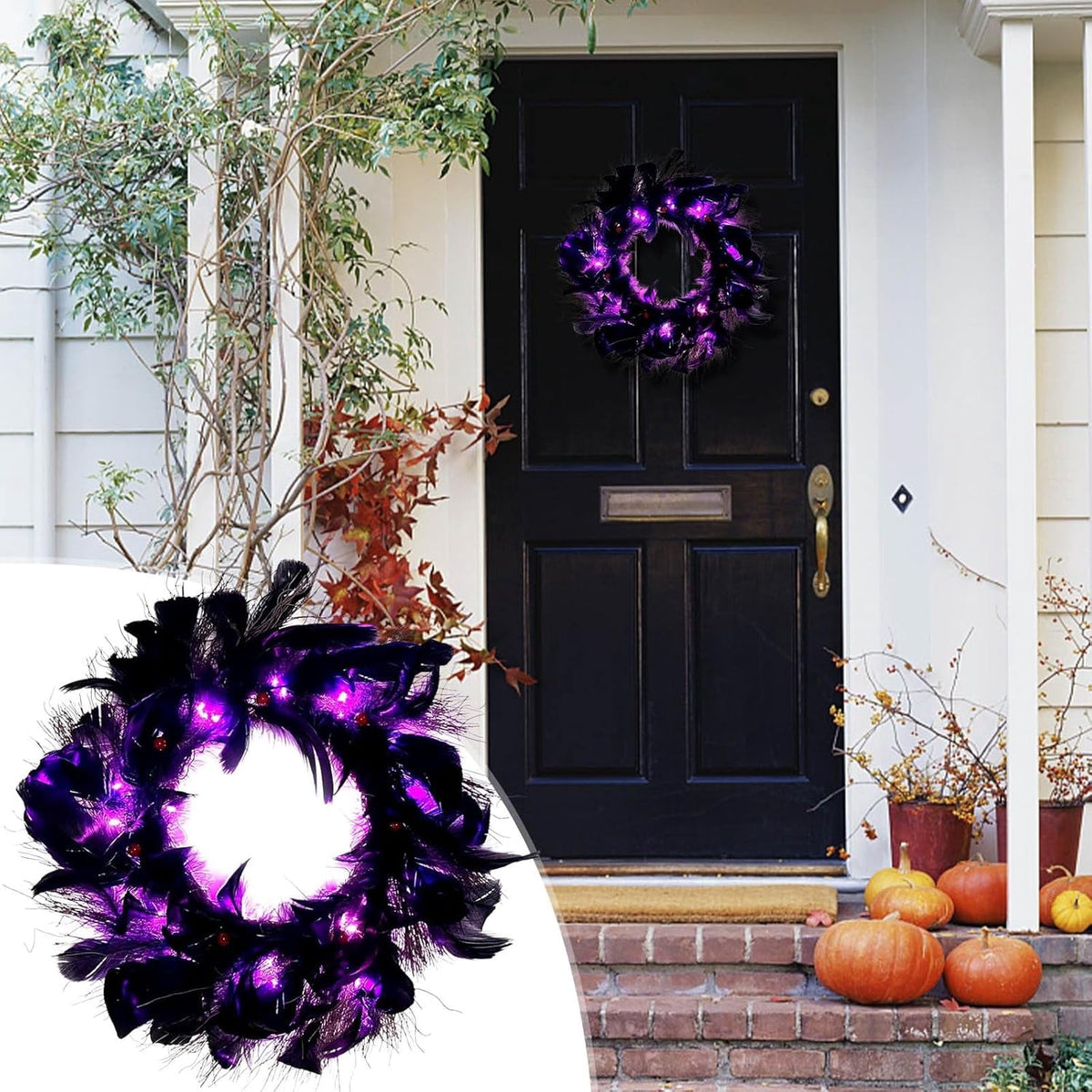 Halloween Wreaths with Light, 16in Black Feather Wreath, Wreaths for Front Door, Halloween Decorations Props for Door, Porch, Window,Indoor and Outdoor