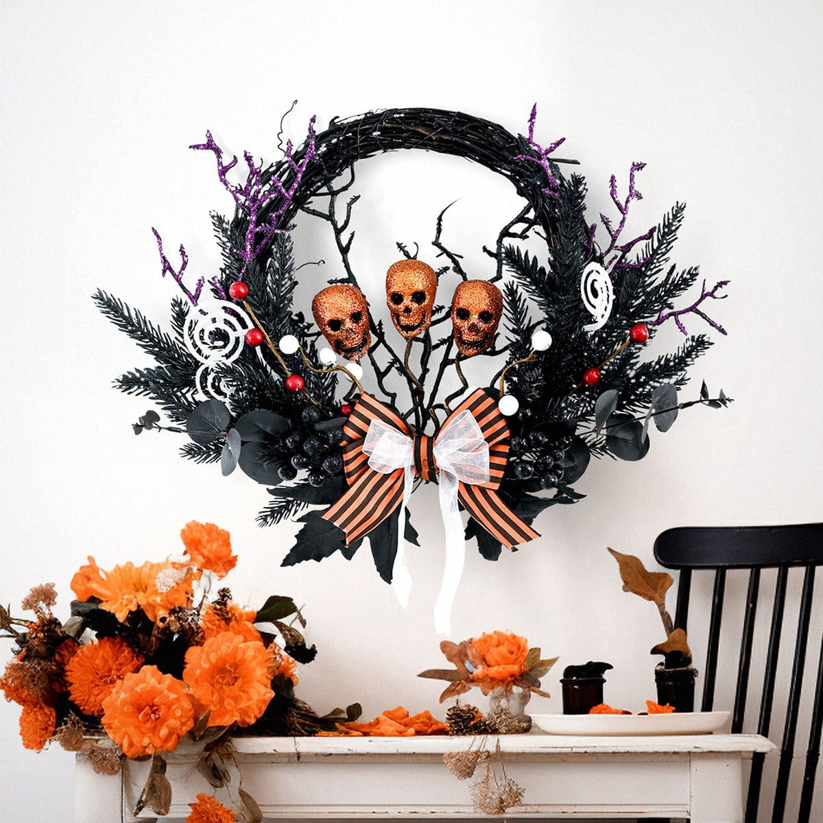 XGFHYJEH Halloween Skeleton Wreath, Halloween Wreaths for Front Door, Halloween Decorations, Halloween Home Wall Decor Ornaments