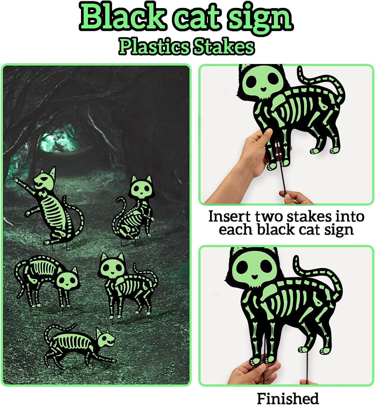 GuassLee 5pcs Glow in the Dark Skeleton Black Cat Silhouette Lawn Signs with Stakes for Halloween Lawn Garden Front Yard Decorations Outside