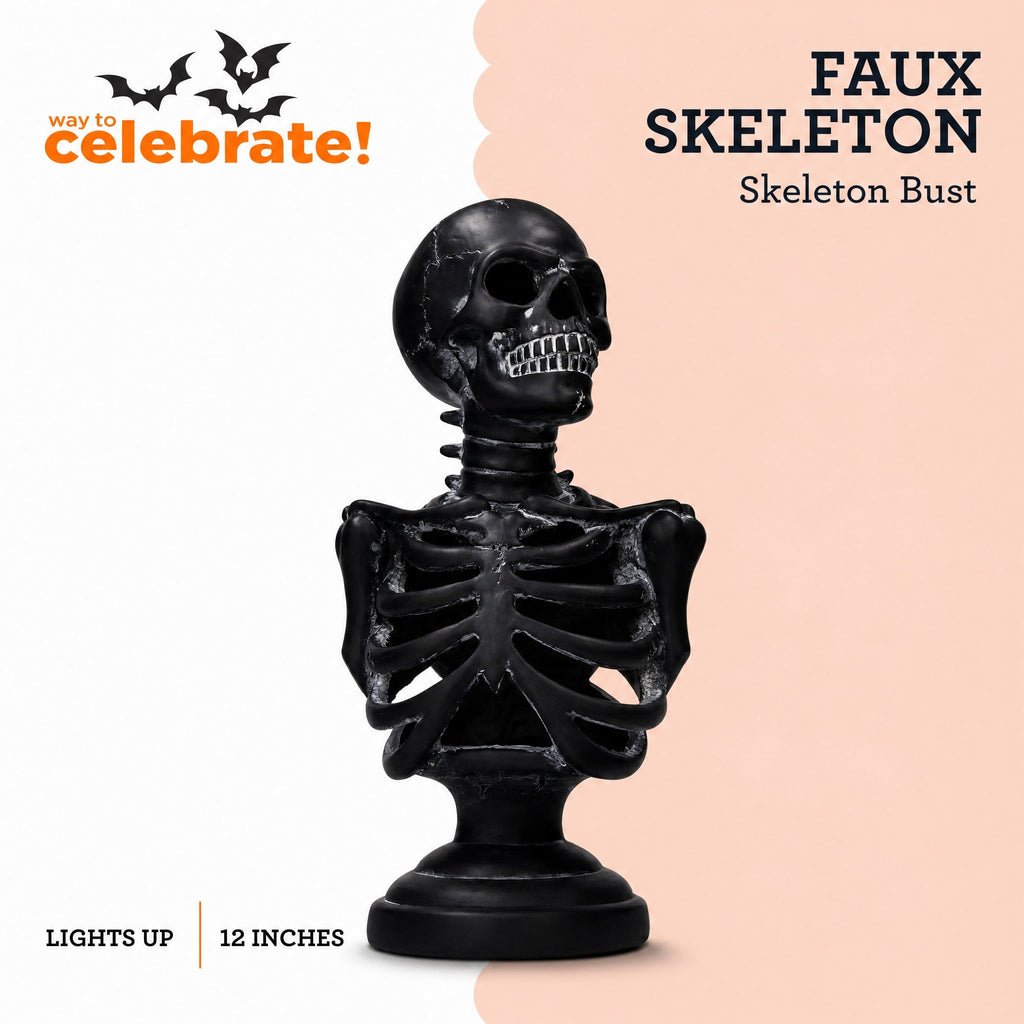 Light-Up Battery-Operated Faux Skeleton Bust, Black, 12", Halloween by Way To Celebrate