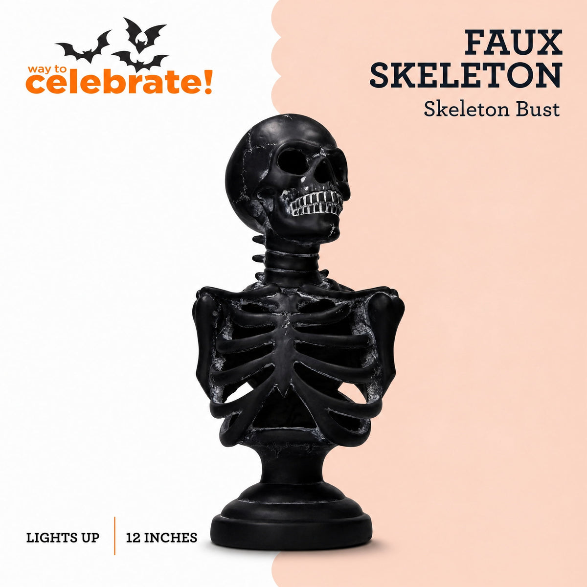Light-Up Battery-Operated Faux Skeleton Bust, Black, 12", Halloween by Way To Celebrate