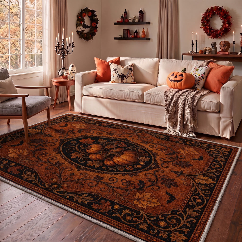 KUETH 3'x5' Halloween Machine Washable Area Rug, Non-Slip Rugs for Living Room, Bedroom and Dining Room, Orange