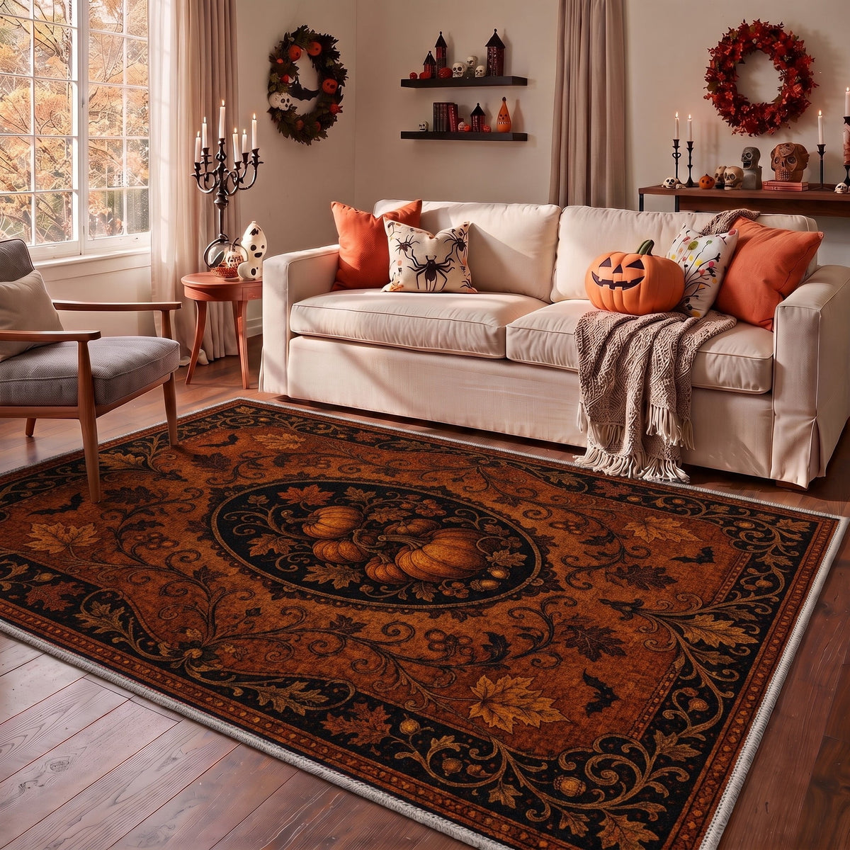KUETH 3'x5' Halloween Machine Washable Area Rug, Non-Slip Rugs for Living Room, Bedroom and Dining Room, Orange