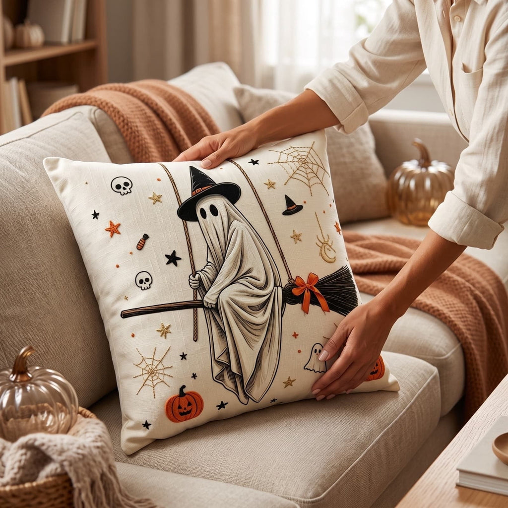 Cute Reading Ghost Plush Throw Pillow, Halloween Book & Pumpkin Bucket Ghost Stuffed Cushion, Spooky Season Decorative Pillow, for Sofa, Bedroom, Party Decor