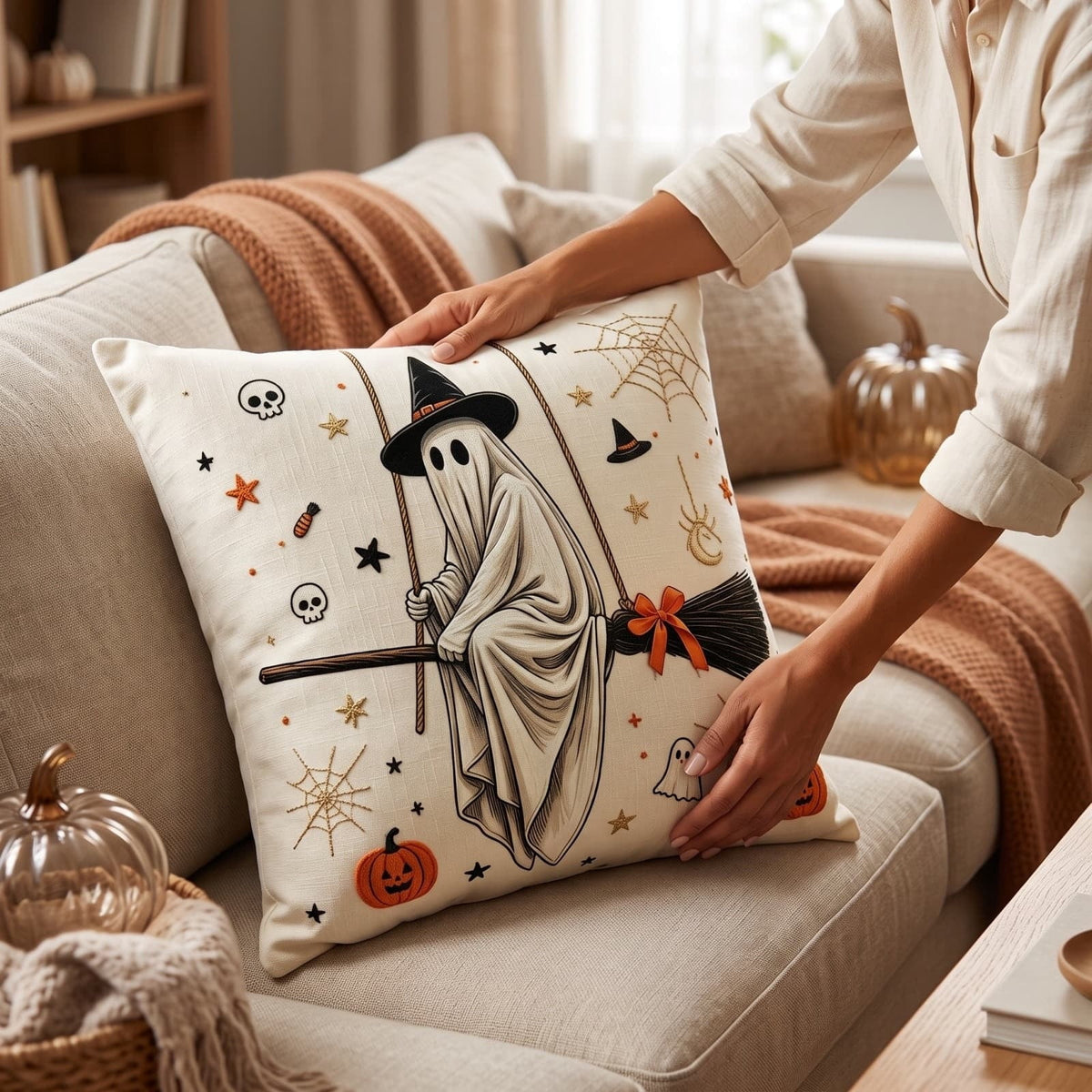 Cute Reading Ghost Plush Throw Pillow, Halloween Book & Pumpkin Bucket Ghost Stuffed Cushion, Spooky Season Decorative Pillow, for Sofa, Bedroom, Party Decor