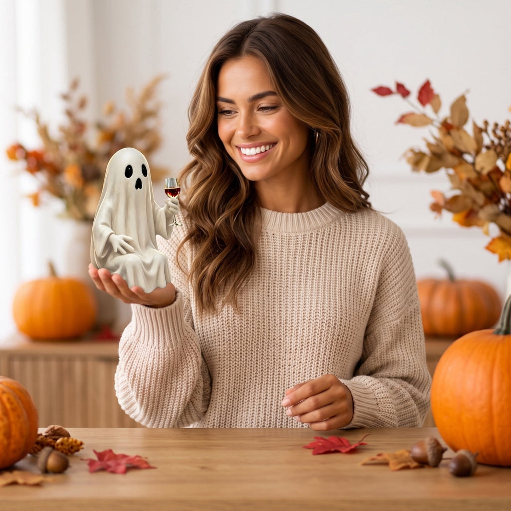 Halloween Ghost Figurine, Ghost Girl with Pink Bow & Hot Drink, Funny Ghost Statue Halloween Decor for Gift, Cute Spooky Tabletop Ornament for Home, Mantle, Desk & Party Decoration