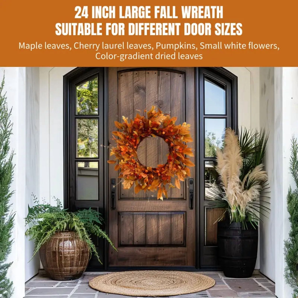 Fall Wreath Pumpkin Wreath for Front Door with Maple Leaves Harvest Wreath for Door Window Porch Thanksgiving Halloween Decor