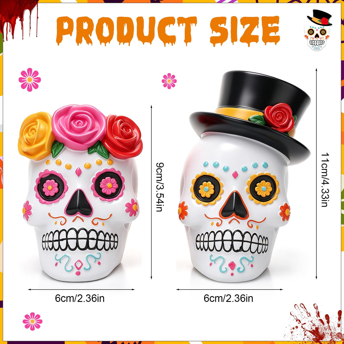 sixwipe Resin Day of The Dead Skull Couple, Halloween Decor, Black and White Skeleton Figurine Set, Male with Top Hat, Female with Red Rose Wreath