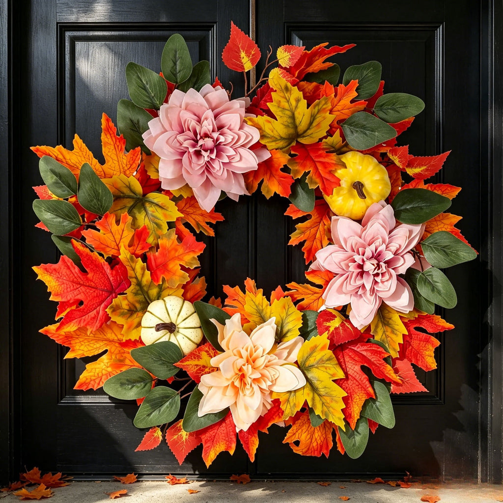 ICQOVD Halloween Pumpkin Maple Leaf Wreath with Skeleton Ornament Orange Black Bow Front Door Hanging Fall Home Decoration 15.75*15.75*3.15IN